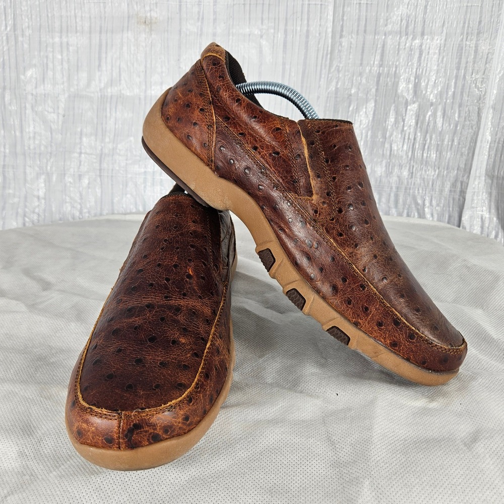 Roper Men's 10.5 Cognac Ostrich Print Leather Slip On Casual Driving Mocs Shoes
